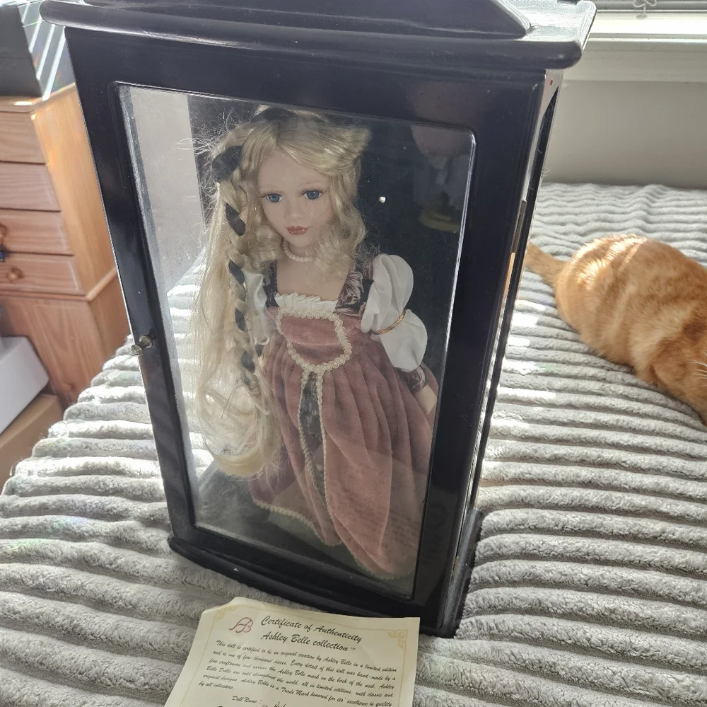 BEAUTIFUL COLLECTOR Porcelain Doll in Display Case with Burgundy Dress